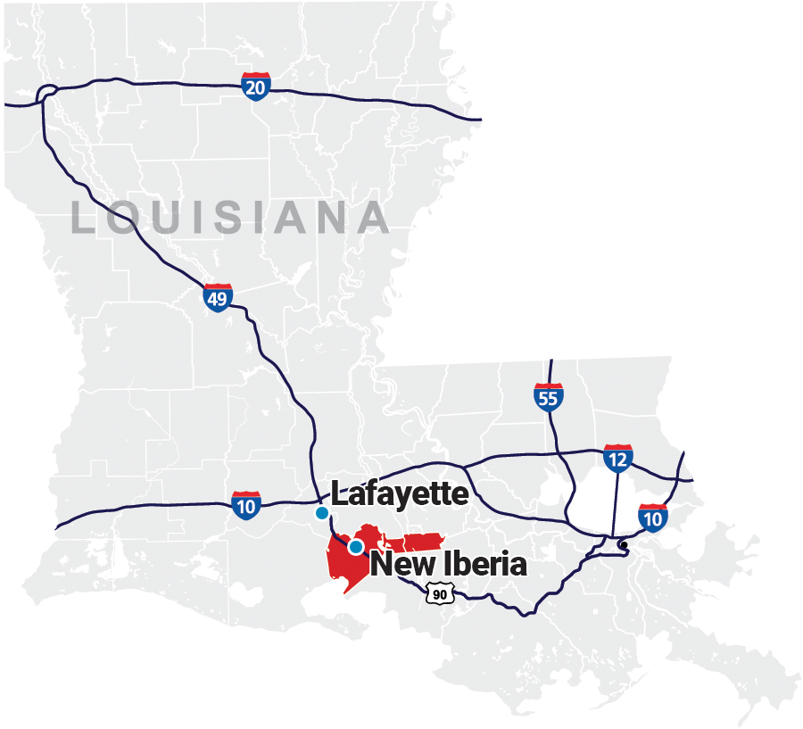 Map of Louisiana, Lafayette and New Iberia